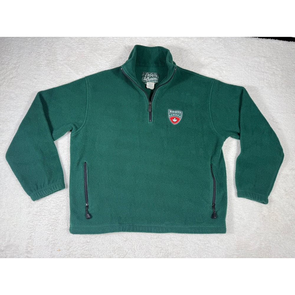 Roots Outdoors Fleece Pullover Mens XL Green Quarter Zip Made in Canada Vintage